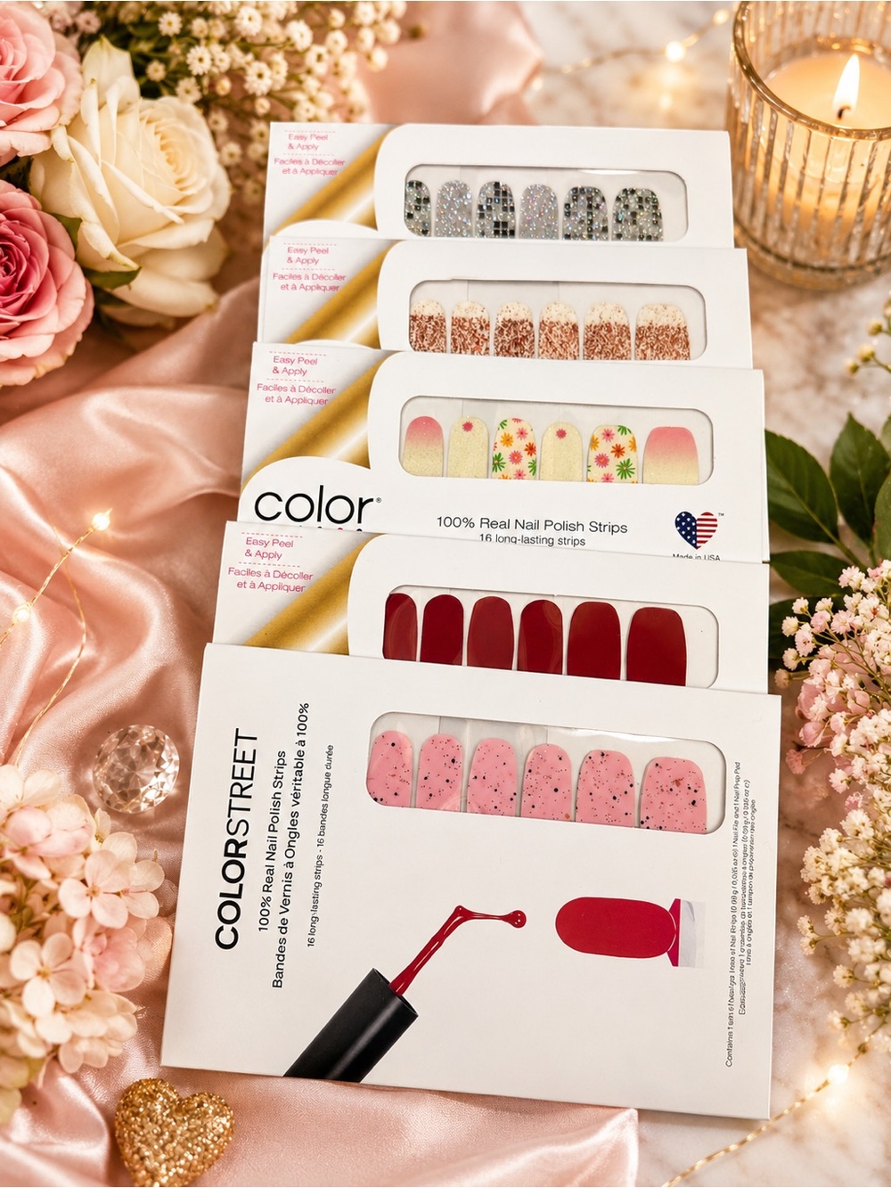 Color Street Pink Glitter, Red, Floral & Silver Accent Nail Polish Strips